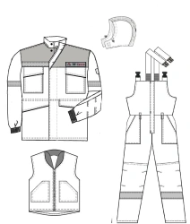 Men's suit (jacket, dungaree) for protection against low temperatures, general industrial contamination and mechanical effects: