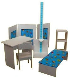 Set for hospital game made of fibreboard (rostometer, table, chair, medicine stand, screen, couch).