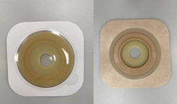 Rehabilitation device for stomical use in colostomies, ileostomies and urostomies: flat plate, convex plate.
