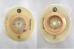 Rehabilitation device for stomical use in colostomies, ileostomies and urostomies: flat plate, convex plate.