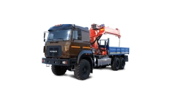 Special cargo flatbed truck BORUS 48121 equipped with crane-manipulator INMAN JSC IM 150NT on URAL 43 chassis.