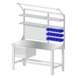 Locksmith workbench with 304 stainless steel worktop, with shelves, perforated panels, drawer cabinet and bracket.