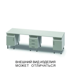 Three-desk unit with swinging doors, three drawers and open shelves
