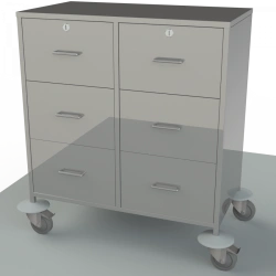 Anaesthesiologist's mobile table with table top, drawers and shelves made of stainless steel on the side, for storing supplies