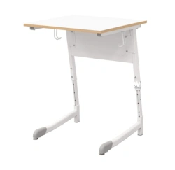 Pupil's table with top made of wood materials on metal frame adjustable in height (semi-oval tube)