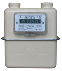 Household volumetric diaphragm gas meters with automatic temperature electronic correction and electronic indication OM