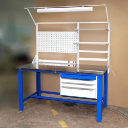 Locksmith workbench with stainless steel worktop, with hanging cabinet and screen 1500x800 mm. (height 2100 mm)