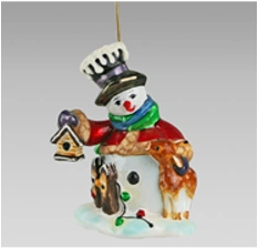 Handmade glass Christmas tree toy "Snowman with birdhouse and reindeer"