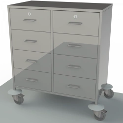 Anaesthesiologist's mobile table with table top, drawers and shelves made of stainless steel on the side, for storing supplies