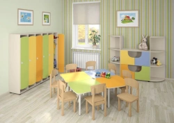 Set of furniture for pre-school institutions made of laminated particle board (LDFB) and fibreboard (Fibreboard)