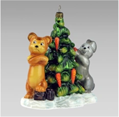 Handmade glass Christmas tree toy "Bear and hare decorating the Christmas tree with carrots"