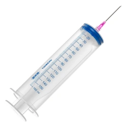 Single-use syringe, three-detail, with "Luer-lock" tip, nominal capacity 150 ml with 1.2 injection needle.