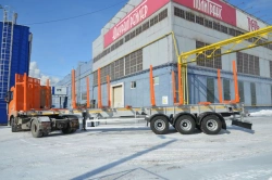 Semitrailer Politrans 94171-034. In design: metal platform with load platform with posts and front fence (p
