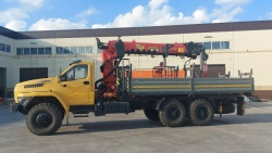 Special purpose vehicle with hydraulic loading crane of MKMA type on the basis of URAL 5557 and its modifications U0K05G-5L150