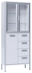 Medical cupboard, two-section, two-leaf, made of aluminium profile and laminated plastic board, with glass shelves
