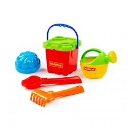 Set No. 169: small fort bucket, fort strainer, trowel No. 2, rake No. 2, 1 mould, small watering can No. 3, Article No. 5129.