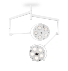 Surgical medical LED two-dome luminaire with ceiling mount (ceiling mounted two-dome, 5-module, 5-module, 6-module)