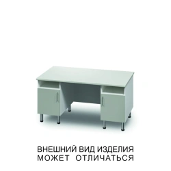 Two-desk unit with swinging doors, open shelves and screen