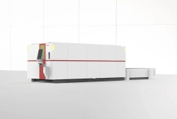 LEADER laser cutting machine with cabinet protection and exchangeable pallets, power from 2 to 20 kW.