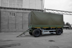 Trailer Politrans 84282-032. In version: platform with decking, with frame and awning, with spring suspension.