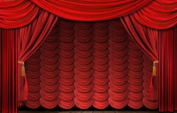 Stage backdrop - Materials: drapery and interior fabrics made of non-combustible synthetic fibres and threads (velvet, blackout,