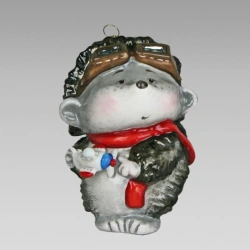 Handmade glass Christmas tree toy "Hedgehog with aeroplane grey"