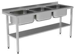 Table with three sinks, stainless steel, open with edge, 1800x600x850 mm