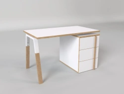 Straight work desk with elegant metal and solid wood support and integrated three-drawer drawer cabinet SRT2-B