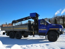 Special purpose vehicle with hydraulic loading crane of KMA type on the basis of URAL 4320 and its modifications U0K01N-4L080