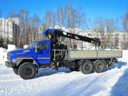 Special purpose vehicle with hydraulic loading crane of KMA type on the basis of URAL 4320 and its modifications U0K02N-4Z152