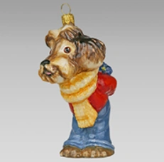 Handmade glass Christmas tree toy "Dog with bouquet"