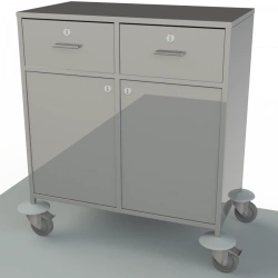 Anaesthesiologist's mobile table with table top, drawers and shelves made of stainless steel on the side, for storing supplies
