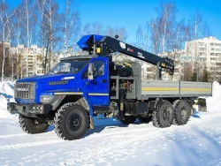 Special purpose vehicle with hydraulic loading crane of KMA type on the basis of URAL 4320 and its modifications U0K01N-4L120