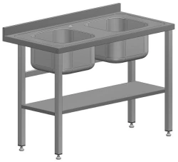Table with two sinks stainless steel, open with edge, 1200x600x850 mm