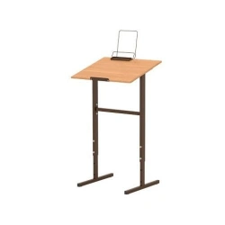 Single-seat metal-framed desk for standing classes with adjustable angle of table top inclination and adjustable height
