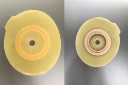 Rehabilitation device for stomical use in colostomies, ileostomies and urostomies: flat plate, convex plate.