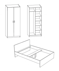Complete bedroom furniture set model NM 02: wooden bed model K 01, wooden bedroom wardrobe model Sh 13.
