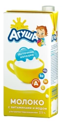 Ultra-pasteurised drinking milk "Agusha", enriched with vitamins and iodine, with mass fraction of fat 2,5%, 1L