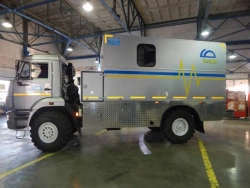 Self-propelled logging hoist PCS model 69574T on KAMAZ-43502-(D5) chassis.