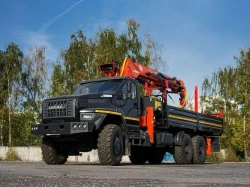 Special purpose vehicle with hydraulic loading crane of KMA type on the basis of URAL 4320 and its modifications U0K02N-4Z050