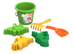 Sand set Malyshariki #2 "Kroshik and Nyushenka" (bucket, rake, scoop, 3 dinosaur moulds)