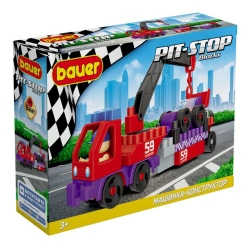 Toy children's educational constructor Bauer series "Pit Stop" set "Tow truck and racing car" in a box (colour purple, k