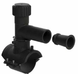 Polyethylene electrically welded saddle outlet with milling cutter and GAS-STOP system (saddle for air-chamber flow shut-off sys
