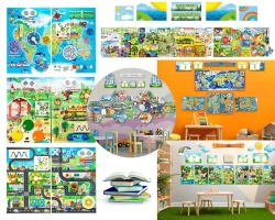 Set of bisiboards (didactic panels), decorative panels and stands for equipping the space of preschool for general educational p