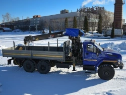 Special purpose vehicle with hydraulic loading crane of KMA type on the basis of URAL 4320 and its modifications U0K02N-4Z095