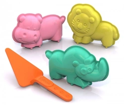 Standing sand moulds (lion, rhinoceros, hippopotamus) with trowel