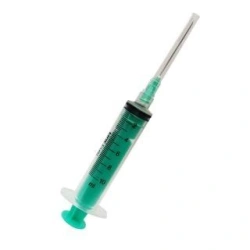 Single-use three-detail sterile injecting syringe with Luer-Lok tip, 10 ml capacity, with injection needle.