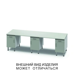 Three-desk unit with swinging doors and drawers