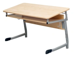 Pupil's desk with a metal-framed table top made of wood materials, height-adjustable with adjustable angle of inclination.