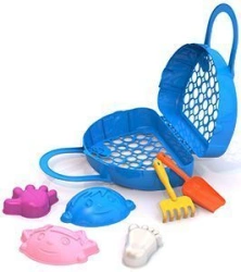 Sand set #121 (4 moulds "Boy+Girl+hand+foot+handle+foot", dustpan, rake, bag - basket)